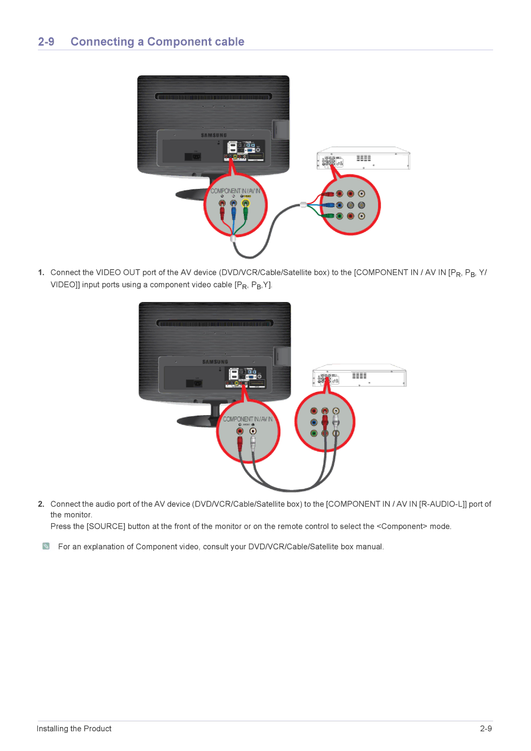 Samsung B2030HD, B2330HD, B2430HD, B1930HD, B2230HD user manual Connecting a Component cable 