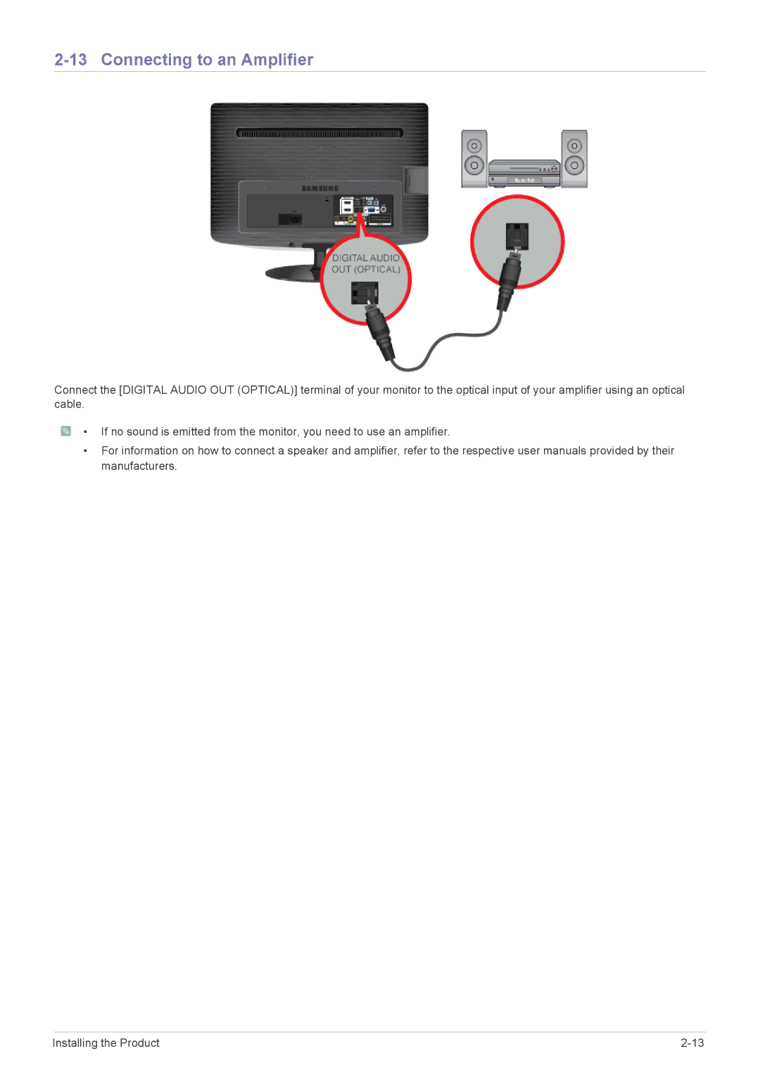 Samsung B2230HD, B2330HD, B2430HD, B1930HD, B2030HD user manual Connecting to an Amplifier 