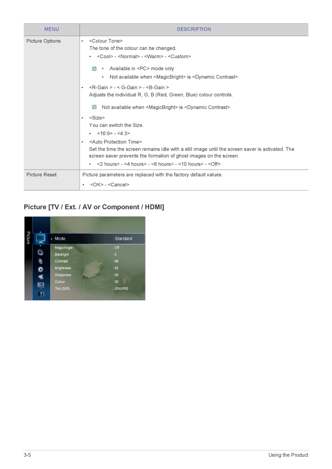 Samsung B2430HD, B2330HD, B1930HD, B2230HD, B2030HD user manual Picture TV / Ext. / AV or Component / Hdmi 