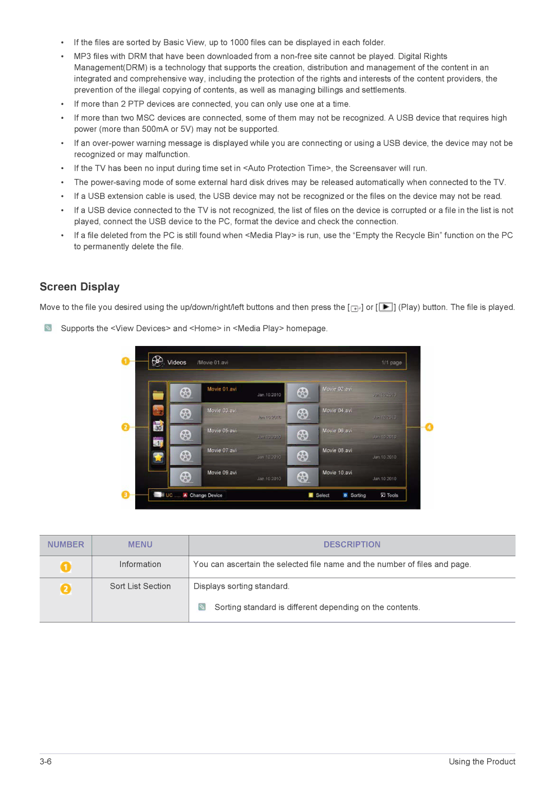 Samsung B2330HD, B2430HD, B1930HD, B2230HD, B2030HD Screen Display, Number Menu Description, Displays sorting standard 