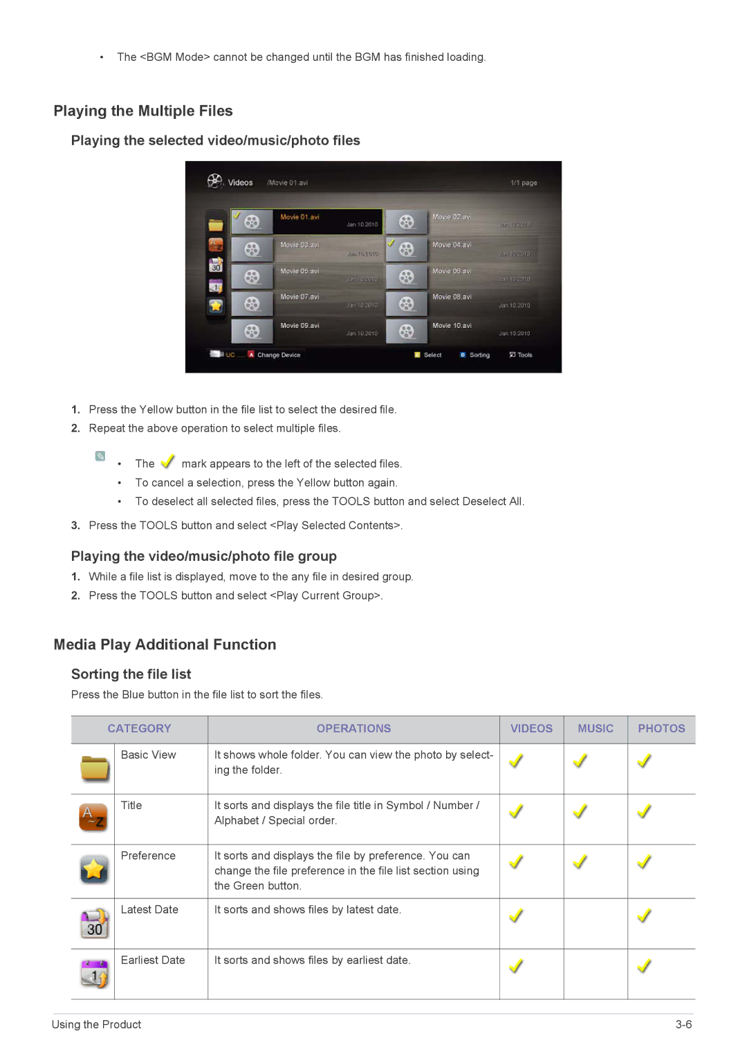Samsung B2330HD Playing the Multiple Files, Media Play Additional Function, Playing the selected video/music/photo files 