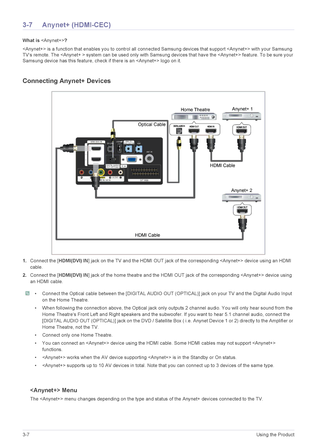 Samsung B2230HD, B2330HD, B2430HD, B1930HD, B2030HD user manual Anynet+ HDMI-CEC, Connecting Anynet+ Devices, Anynet+ Menu 