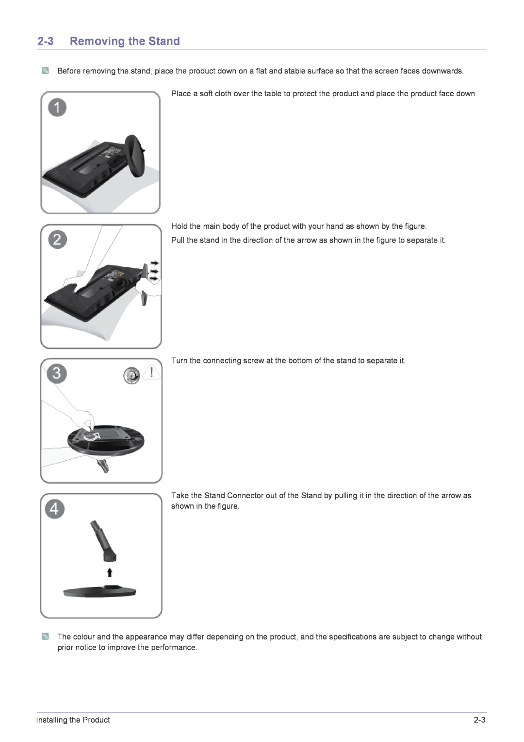 Samsung B2430HD, B2330HD, B1930HD, B2230HD, B2030HD user manual Removing the Stand 