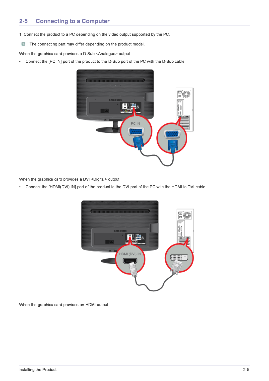 Samsung B2230HD, B2330HD, B2430HD, B1930HD, B2030HD user manual Connecting to a Computer 