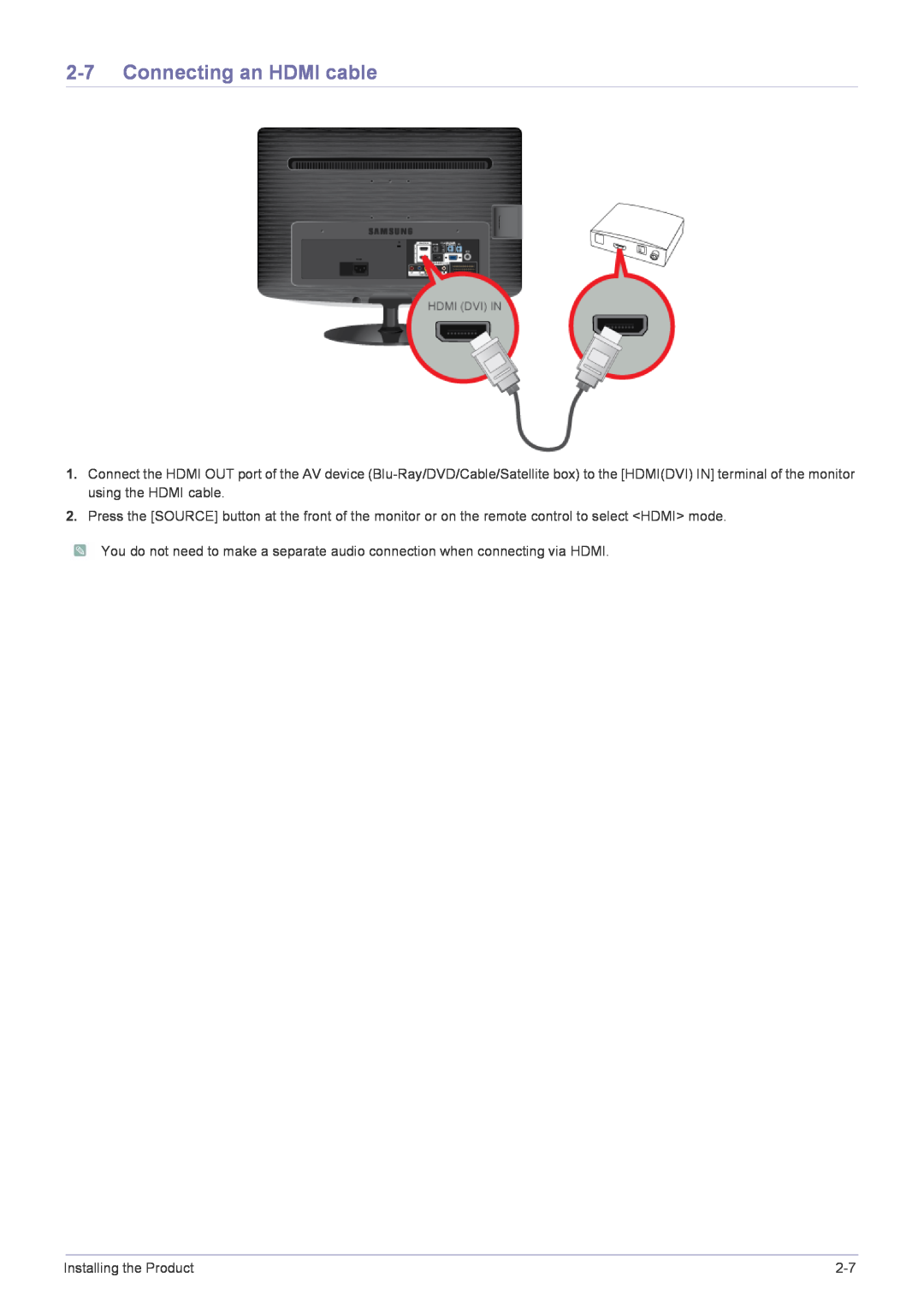 Samsung B1930HD, B2330HD, B2430HD, B2230HD, B2030HD user manual Connecting an HDMI cable 