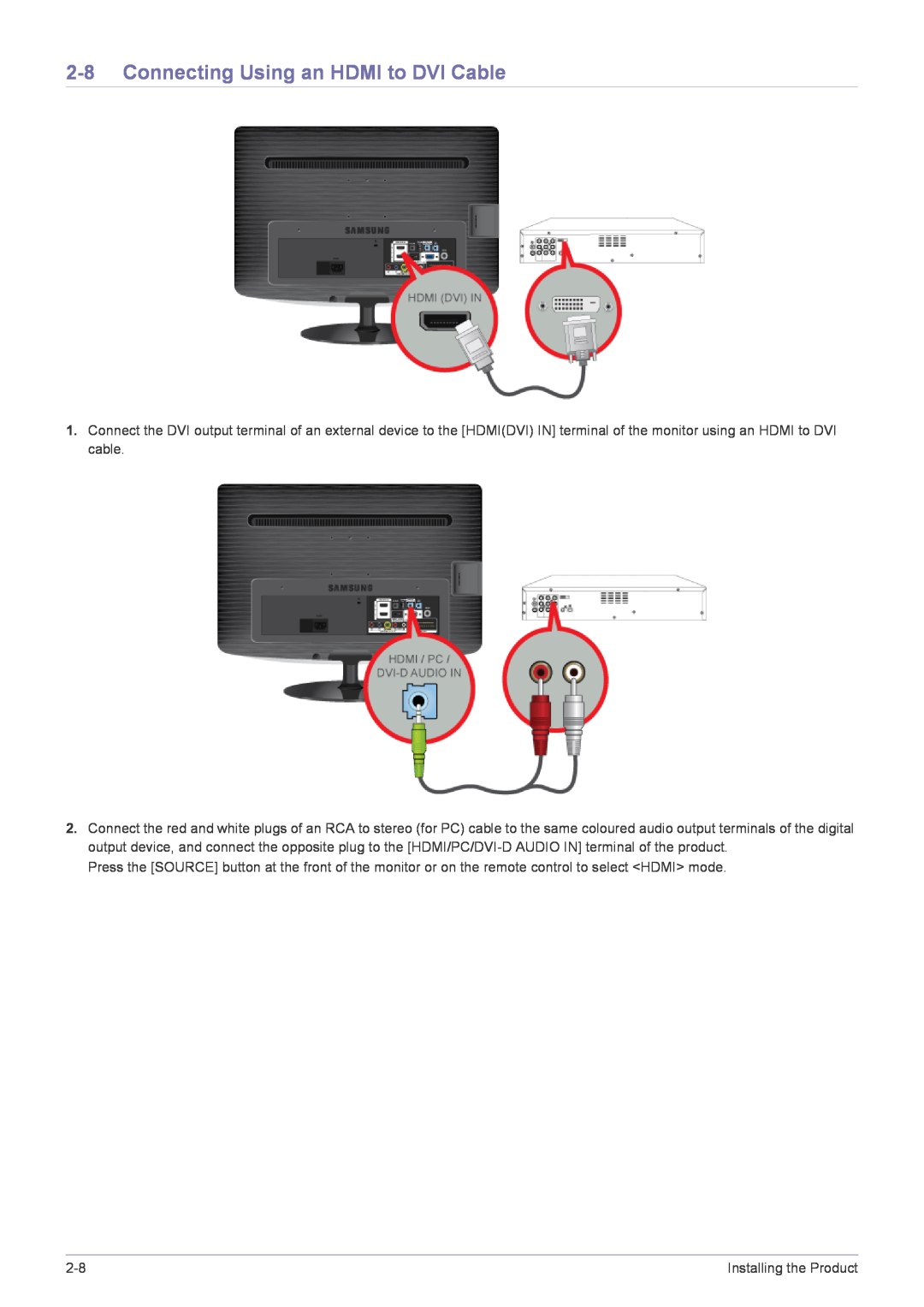 Samsung B2230HD, B2330HD, B2430HD, B1930HD, B2030HD user manual Connecting Using an HDMI to DVI Cable 