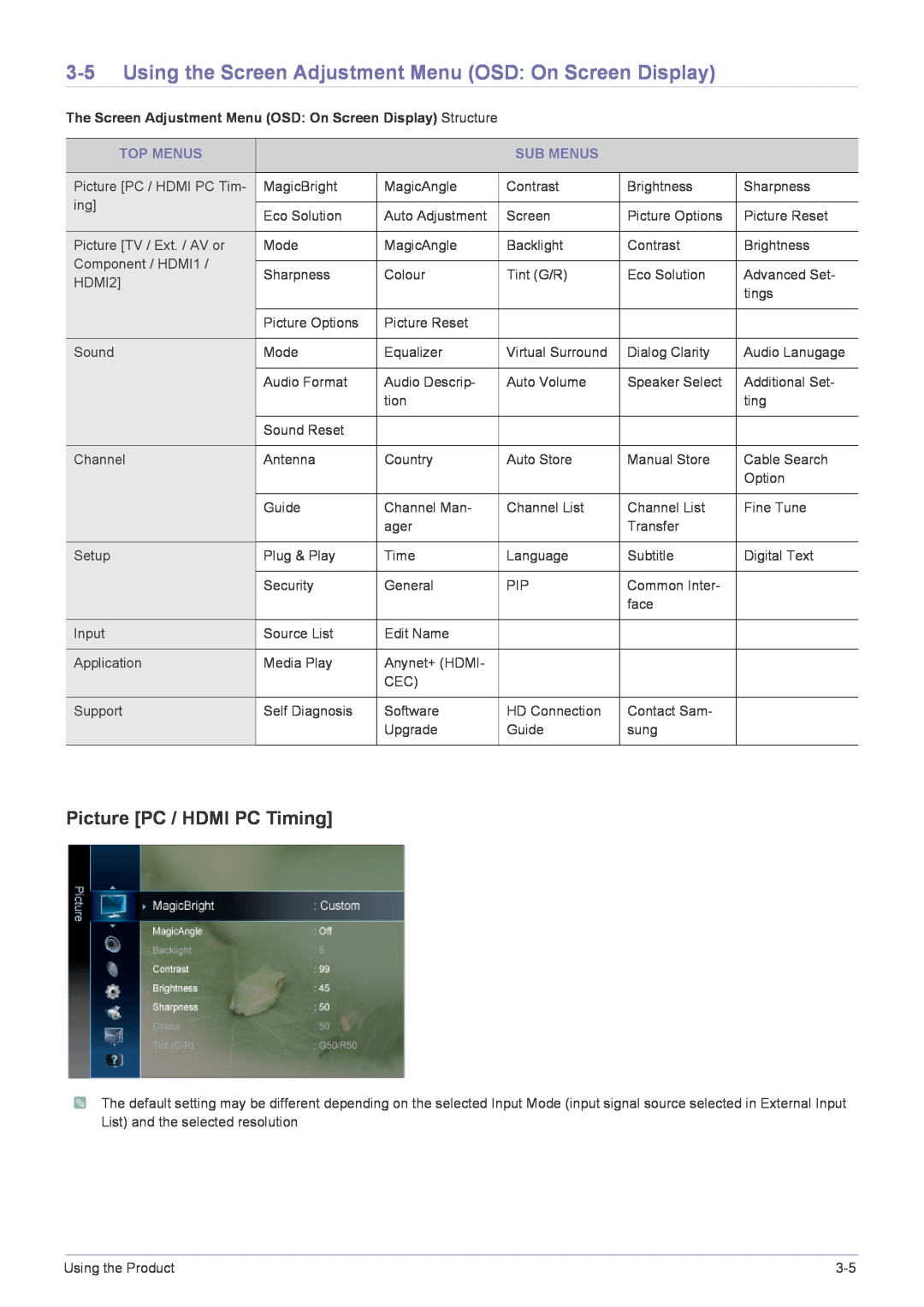Samsung B2230HD, B2330HD, B2430HD Using the Screen Adjustment Menu OSD On Screen Display, Picture PC / HDMI PC Timing 