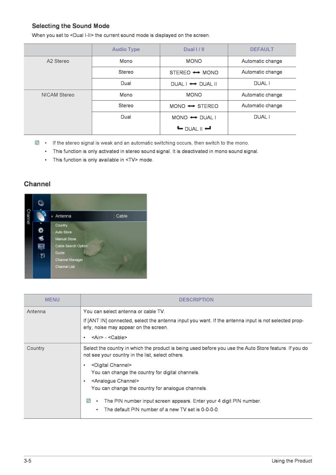 Samsung B2030HD, B2330HD, B2430HD, B1930HD, B2230HD user manual Channel, Selecting the Sound Mode 