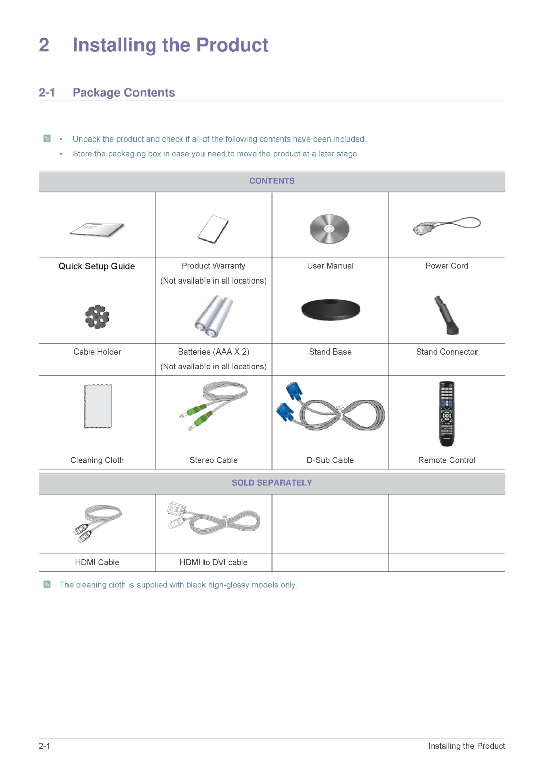 Samsung B2330HD, B2430HD, B2230HD user manual Installing the Product, Package Contents 