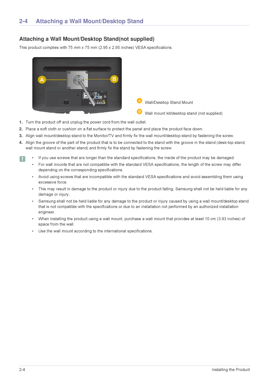 Samsung B2430HD, B2330HD, B2230HD user manual Attaching a Wall Mount/Desktop Standnot supplied 