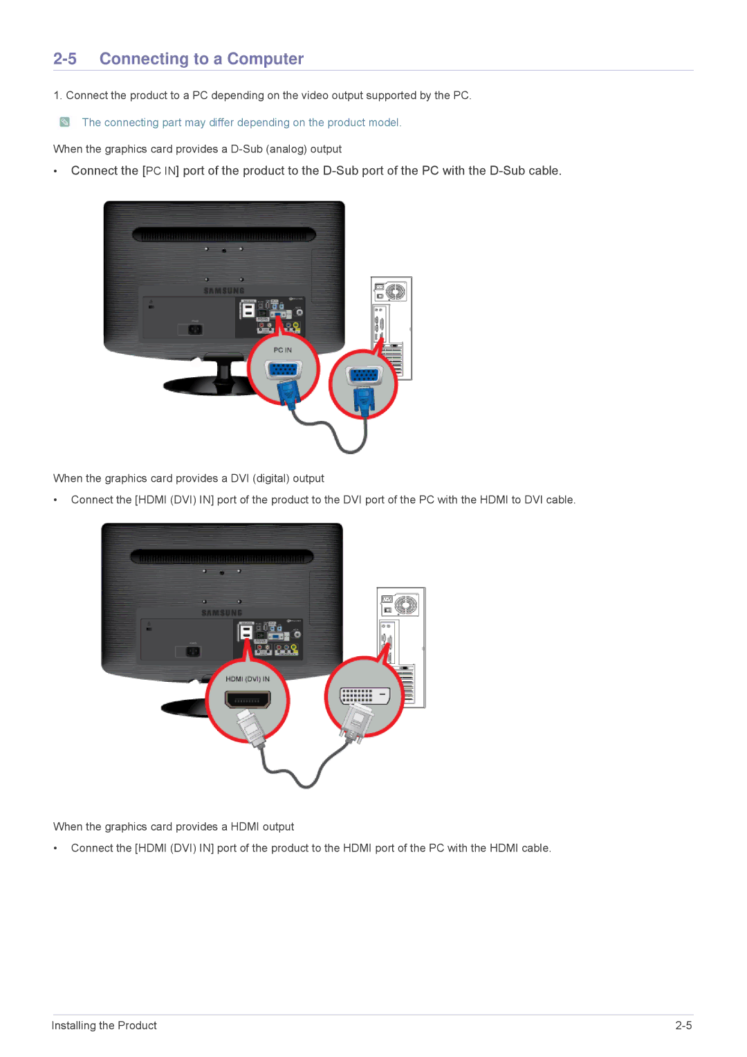 Samsung B2230HD, B2330HD, B2430HD user manual Connecting to a Computer 