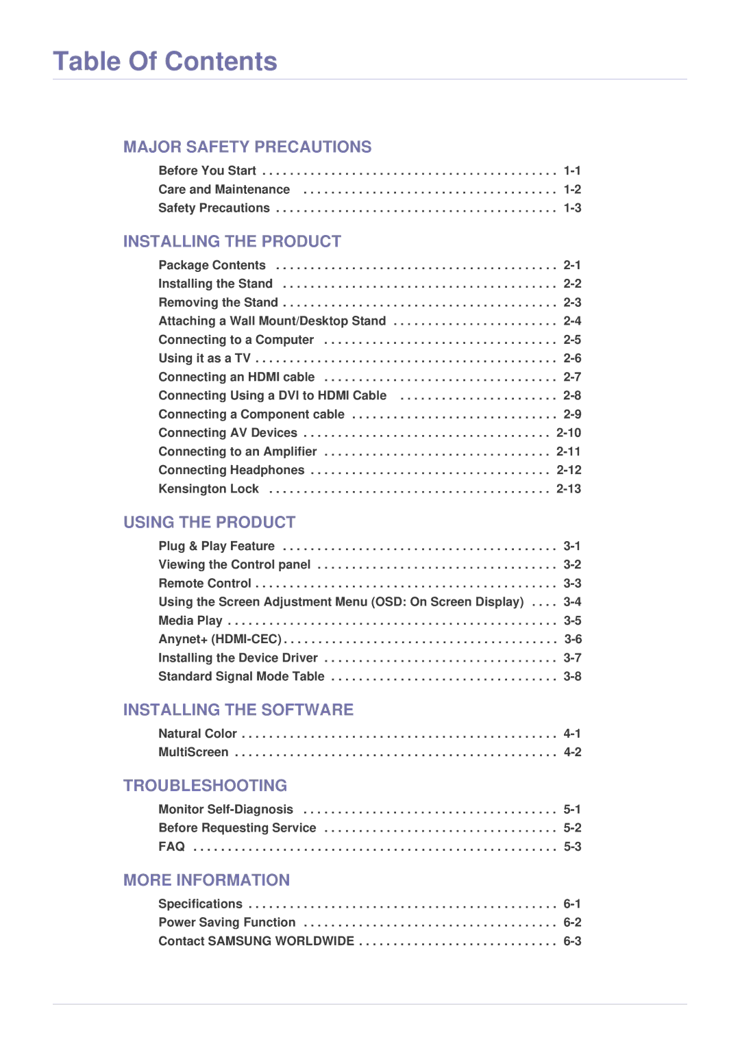 Samsung B2230HD, B2330HD, B2430HD user manual Table Of Contents 