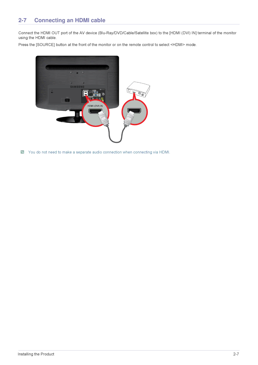 Samsung B2330HD, B2430HD, B2230HD user manual Connecting an Hdmi cable 