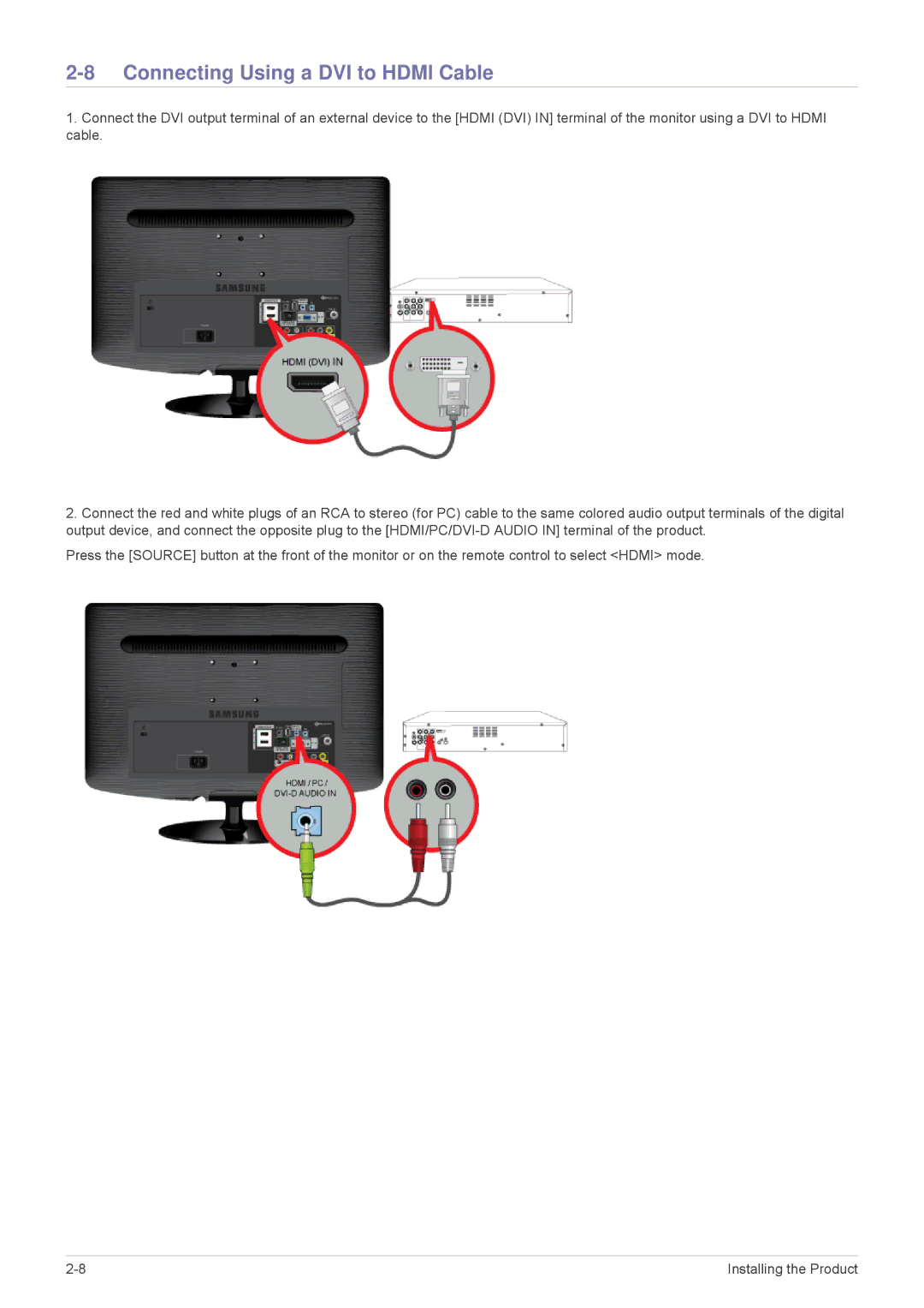 Samsung B2430HD, B2330HD, B2230HD user manual Connecting Using a DVI to Hdmi Cable 