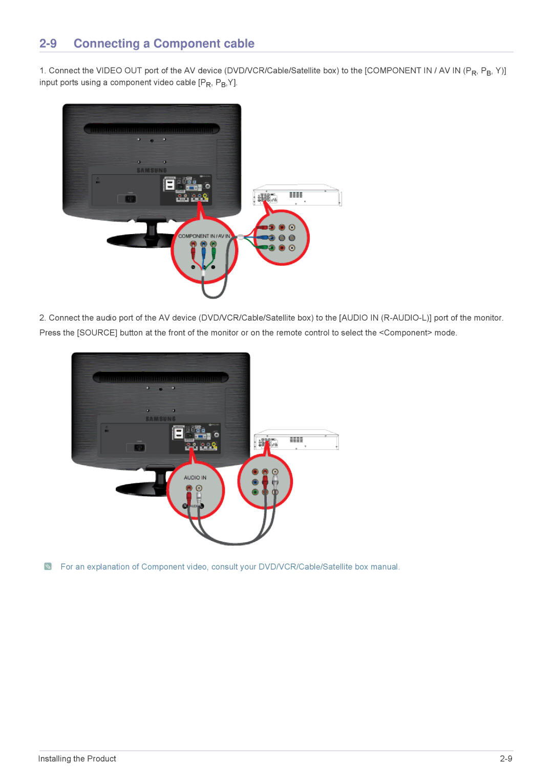 Samsung B2230HD, B2330HD, B2430HD user manual Connecting a Component cable 