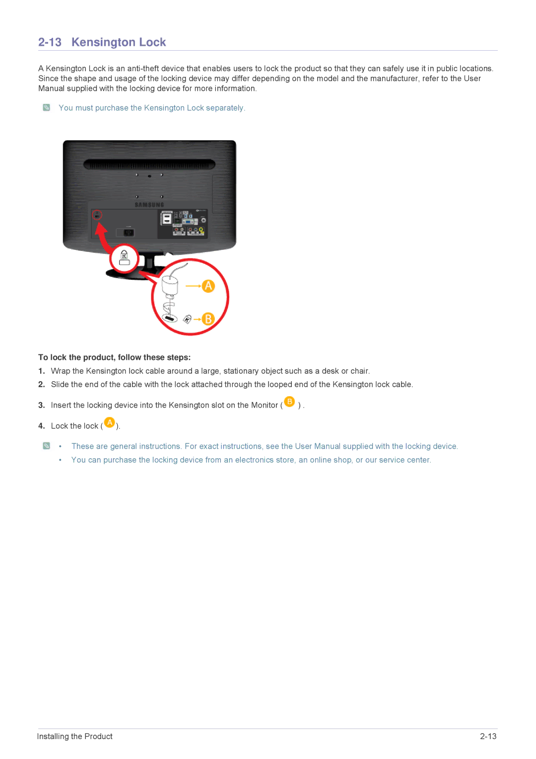 Samsung B2330HD, B2430HD, B2230HD user manual You must purchase the Kensington Lock separately 