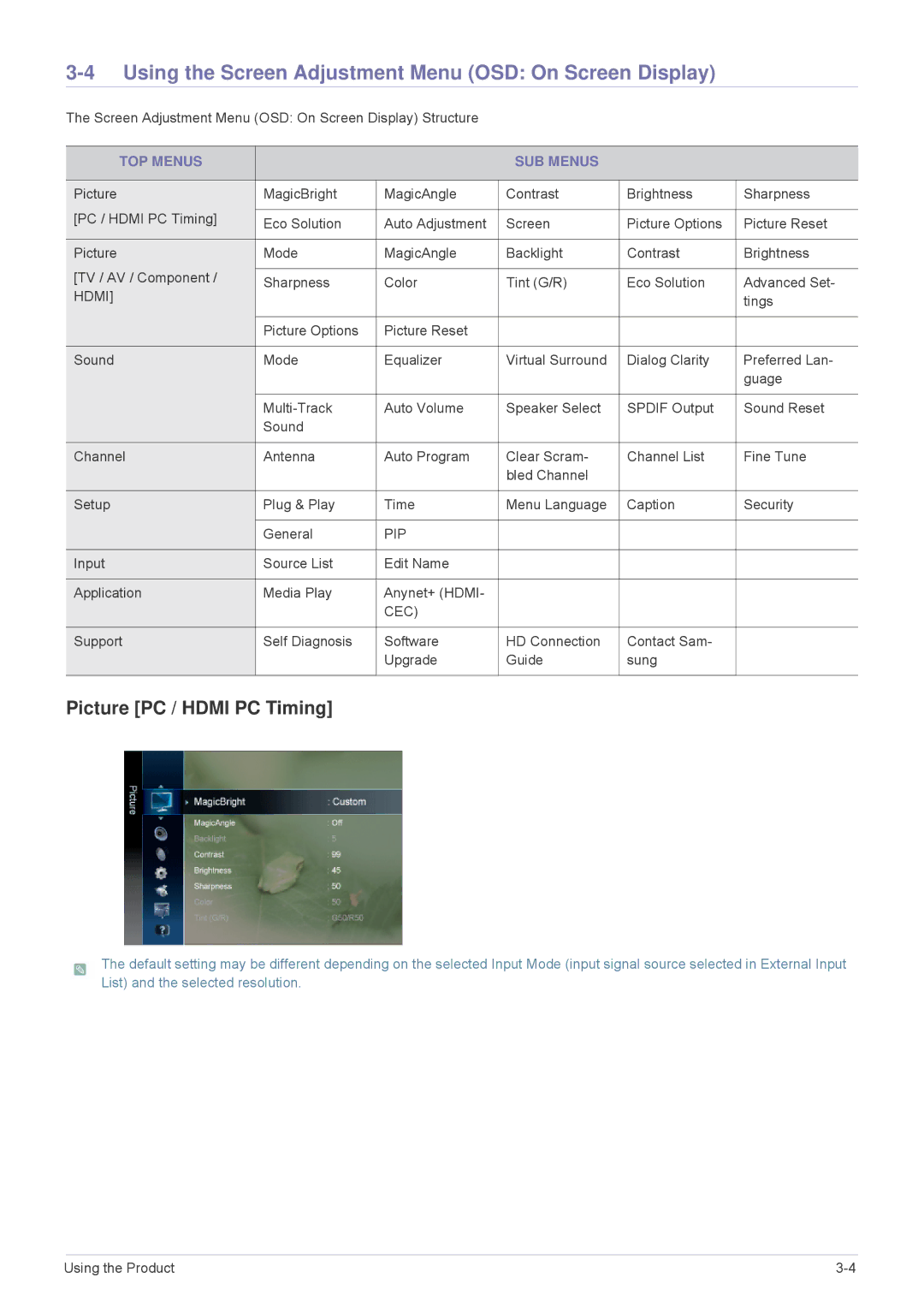 Samsung B2330HD Using the Screen Adjustment Menu OSD On Screen Display, Picture PC / Hdmi PC Timing, TOP Menus SUB Menus 