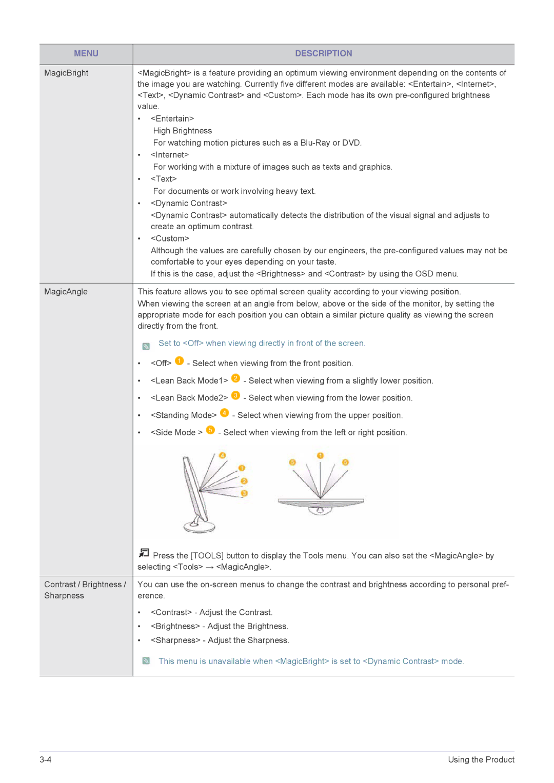 Samsung B2430HD, B2330HD, B2230HD user manual Menu Description, Set to Off when viewing directly in front of the screen 