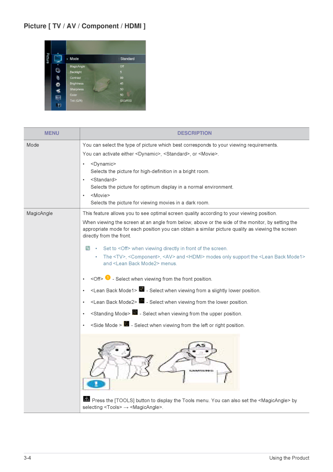 Samsung B2330HD, B2430HD, B2230HD user manual Picture TV / AV / Component / Hdmi 