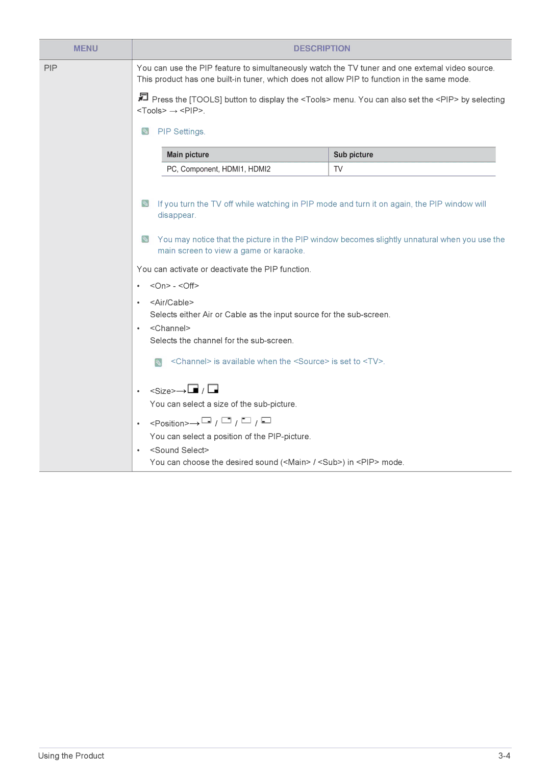 Samsung B2430HD, B2330HD, B2230HD user manual Tools → PIP, PIP Settings, Channel is available when the Source is set to TV 