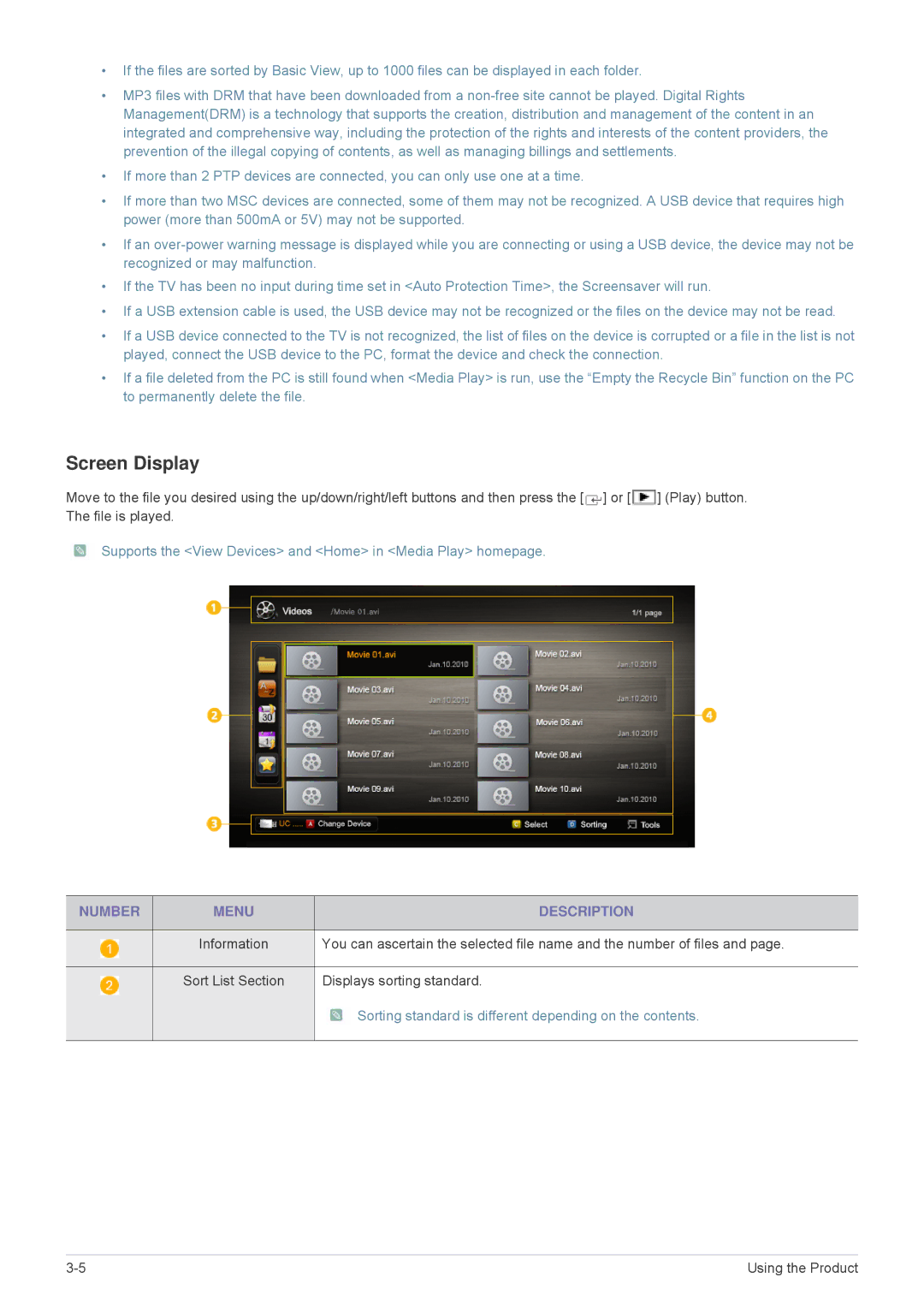 Samsung B2330HD Screen Display, Supports the View Devices and Home in Media Play homepage, Number Menu Description 