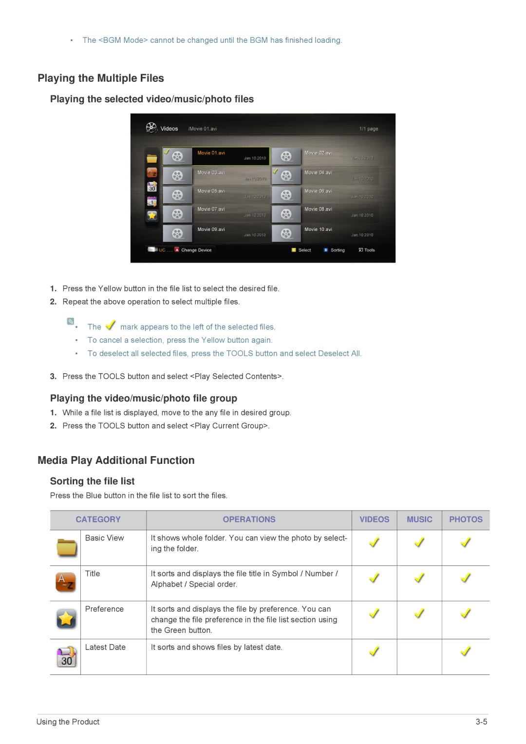 Samsung B2230HD Playing the Multiple Files, Media Play Additional Function, Playing the selected video/music/photo files 