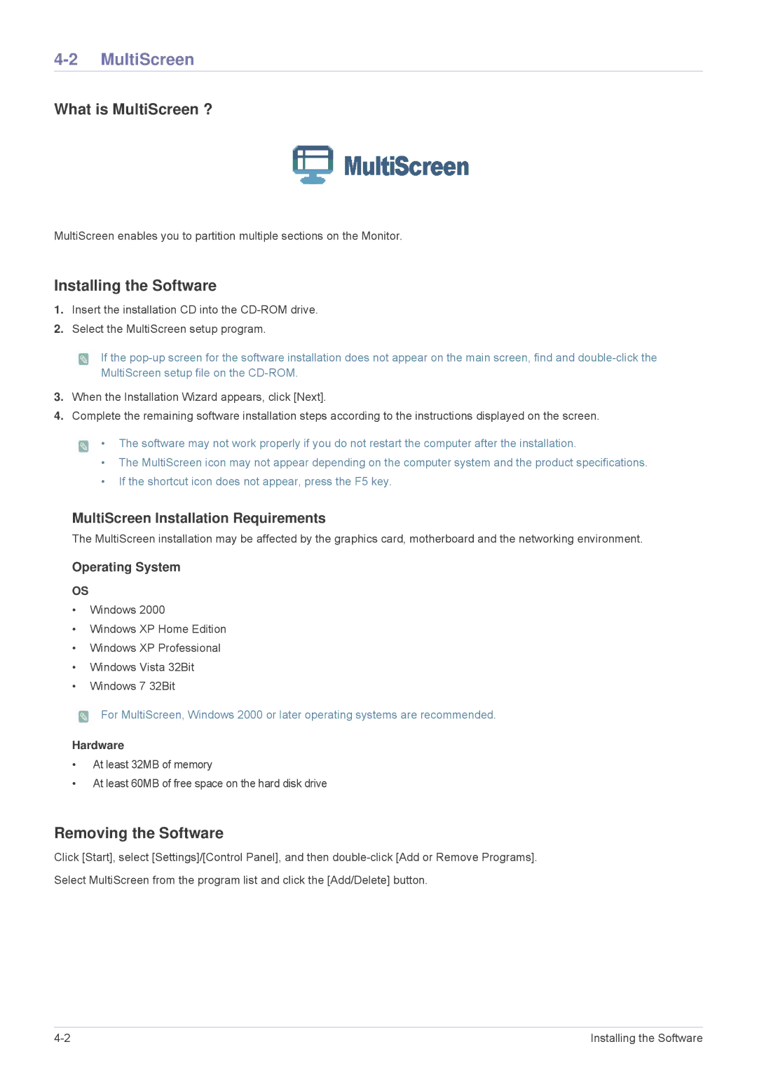 Samsung B2230HD, B2330HD, B2430HD user manual What is MultiScreen ?, Installing the Software, Removing the Software 