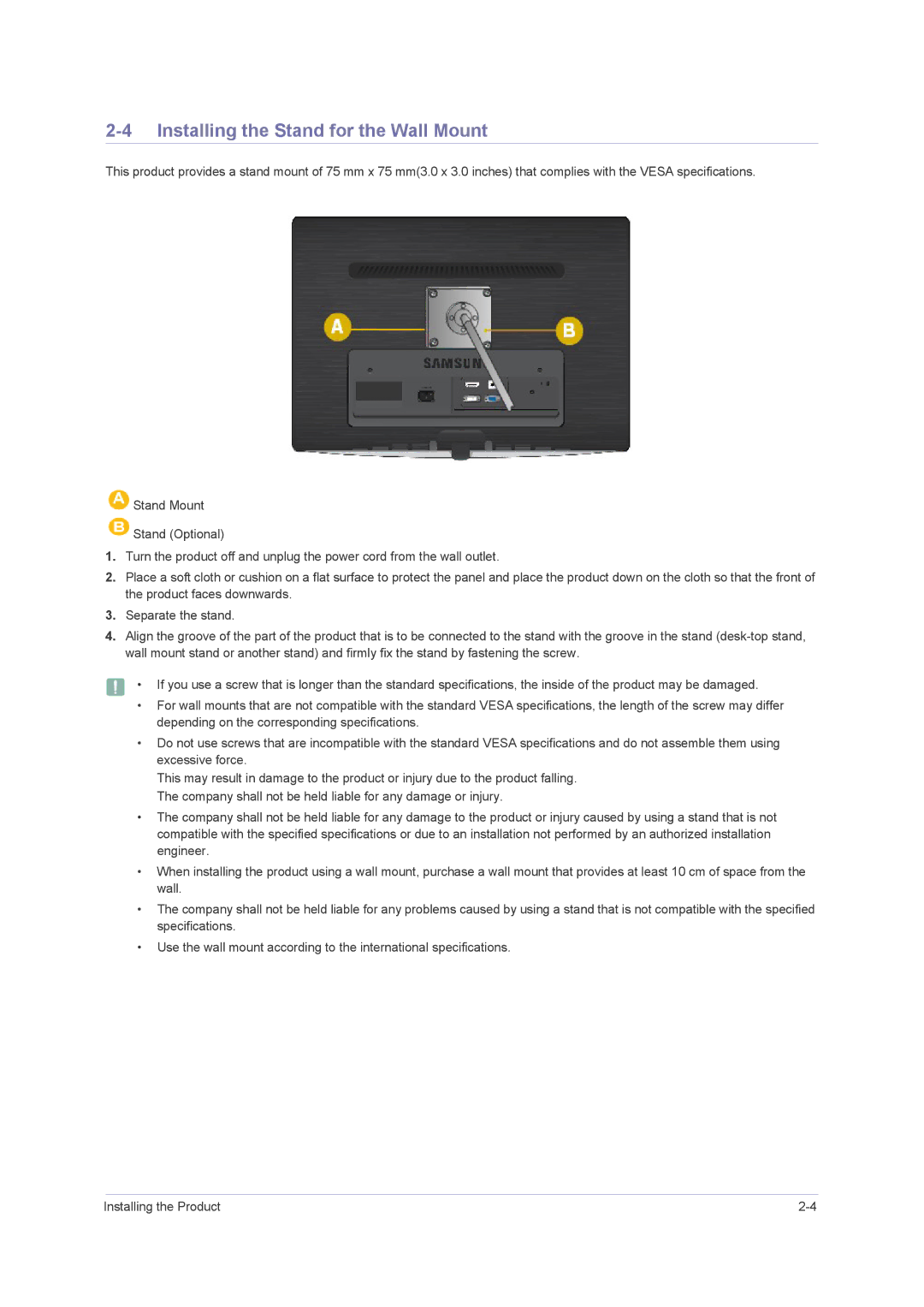 Samsung B2230H, B2430H, B2330H, 2443BWT TAA1, LS24PUHKFV/ZA user manual Installing the Stand for the Wall Mount 