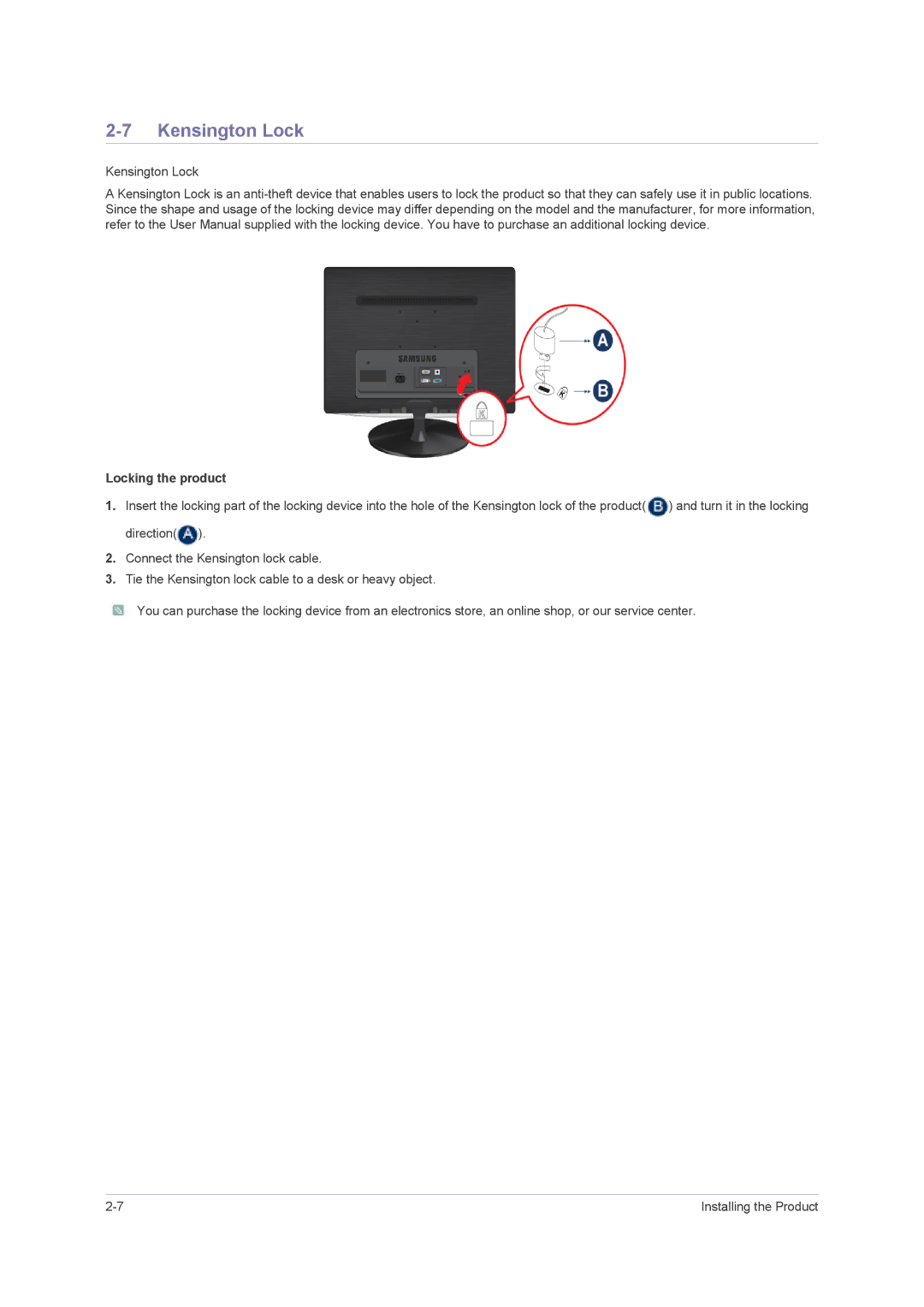 Samsung B2430H, B2330H, 2443BWT TAA1, B2230H, LS24PUHKFV/ZA user manual Kensington Lock, Locking the product 