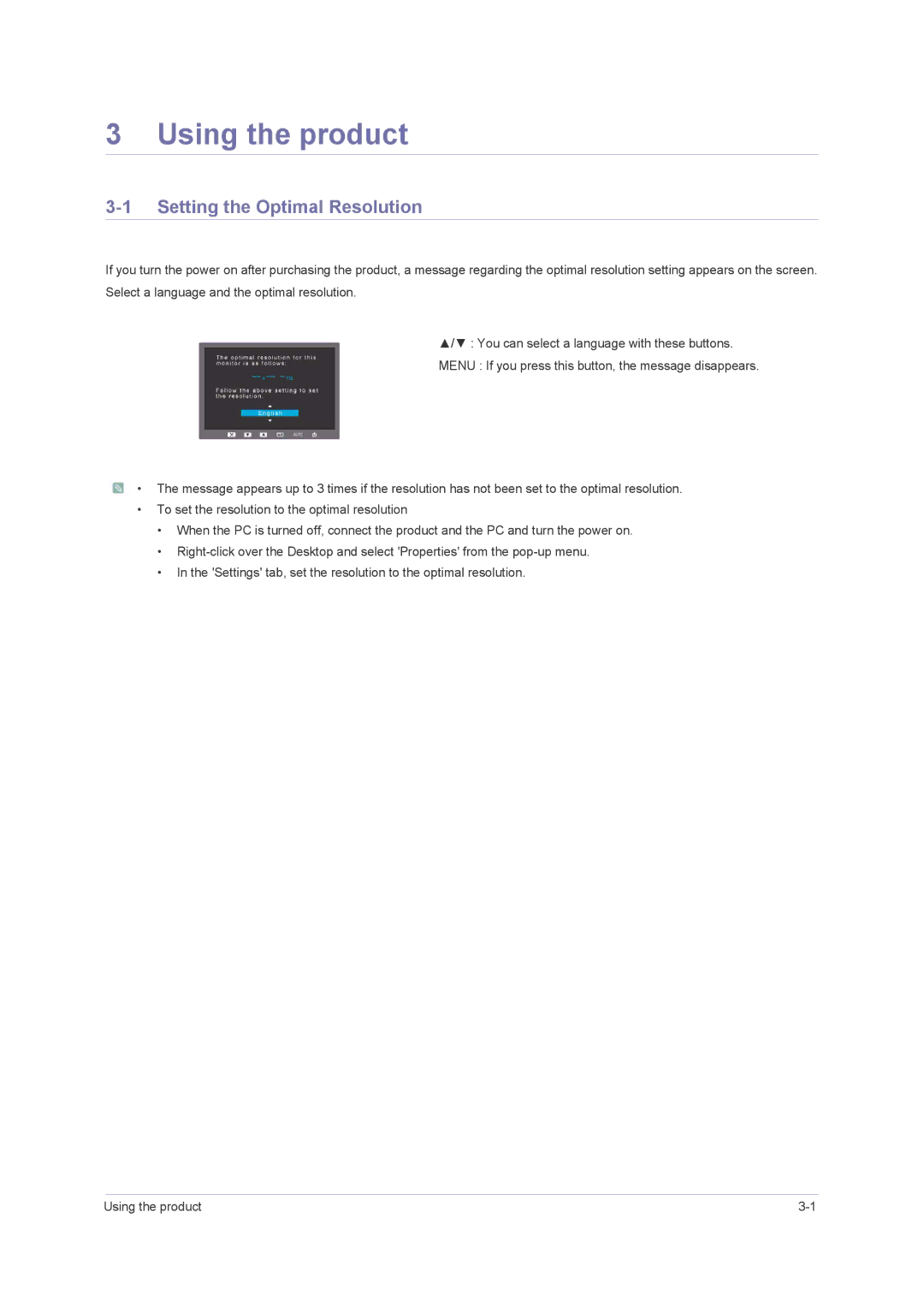 Samsung B2330H, B2430H, 2443BWT TAA1, B2230H, LS24PUHKFV/ZA user manual Using the product, Setting the Optimal Resolution 