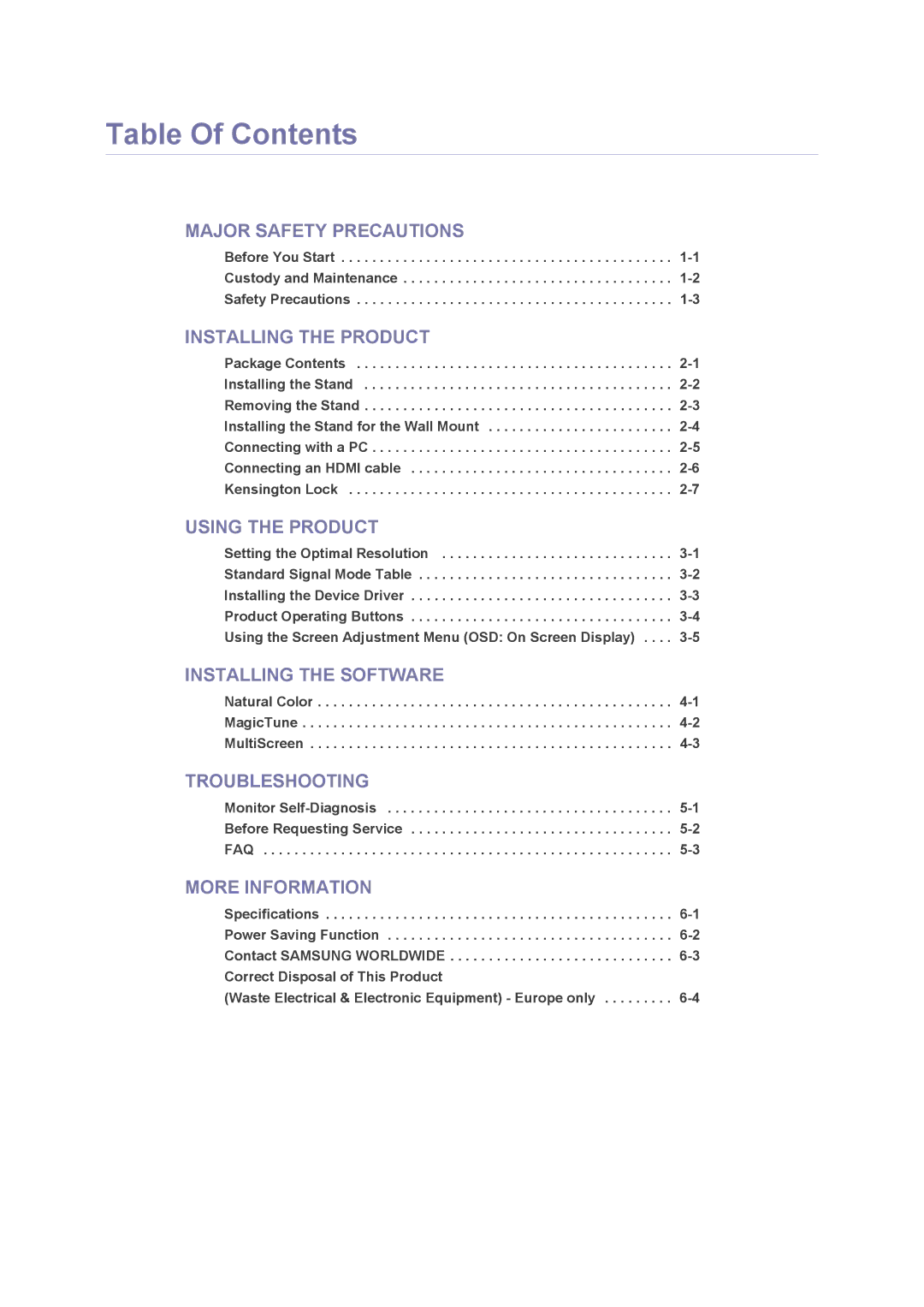 Samsung 2443BWT TAA1, B2430H, B2330H, B2230H, LS24PUHKFV/ZA user manual Table Of Contents 