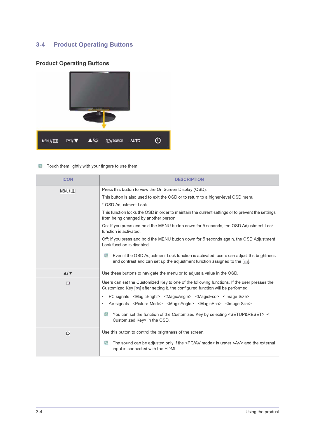 Samsung B2430H, B2330H, 2443BWT TAA1, B2230H, LS24PUHKFV/ZA user manual Product Operating Buttons, Icon Description 