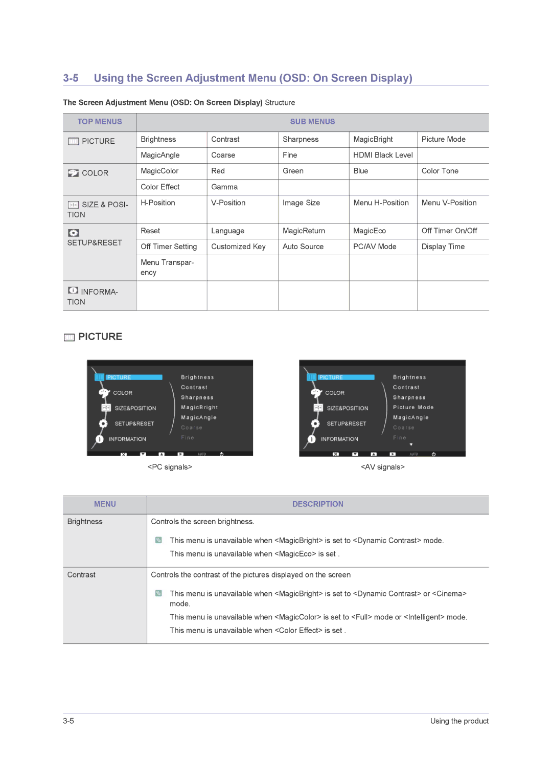 Samsung 2443BWT TAA1, B2430H Using the Screen Adjustment Menu OSD On Screen Display, TOP Menus SUB Menus, Menu Description 