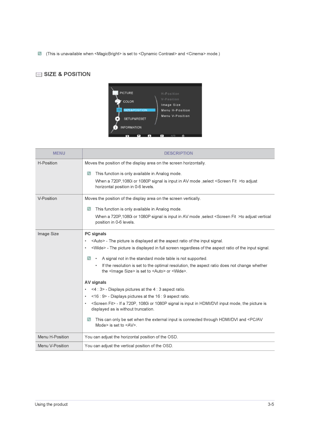 Samsung B2330H, B2430H, 2443BWT TAA1, B2230H, LS24PUHKFV/ZA user manual Size & Position 