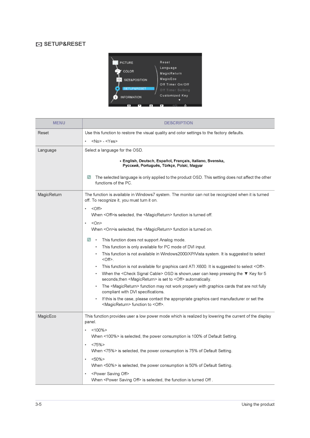 Samsung 2443BWT TAA1, B2430H, B2330H, B2230H, LS24PUHKFV/ZA user manual Setup&Reset 