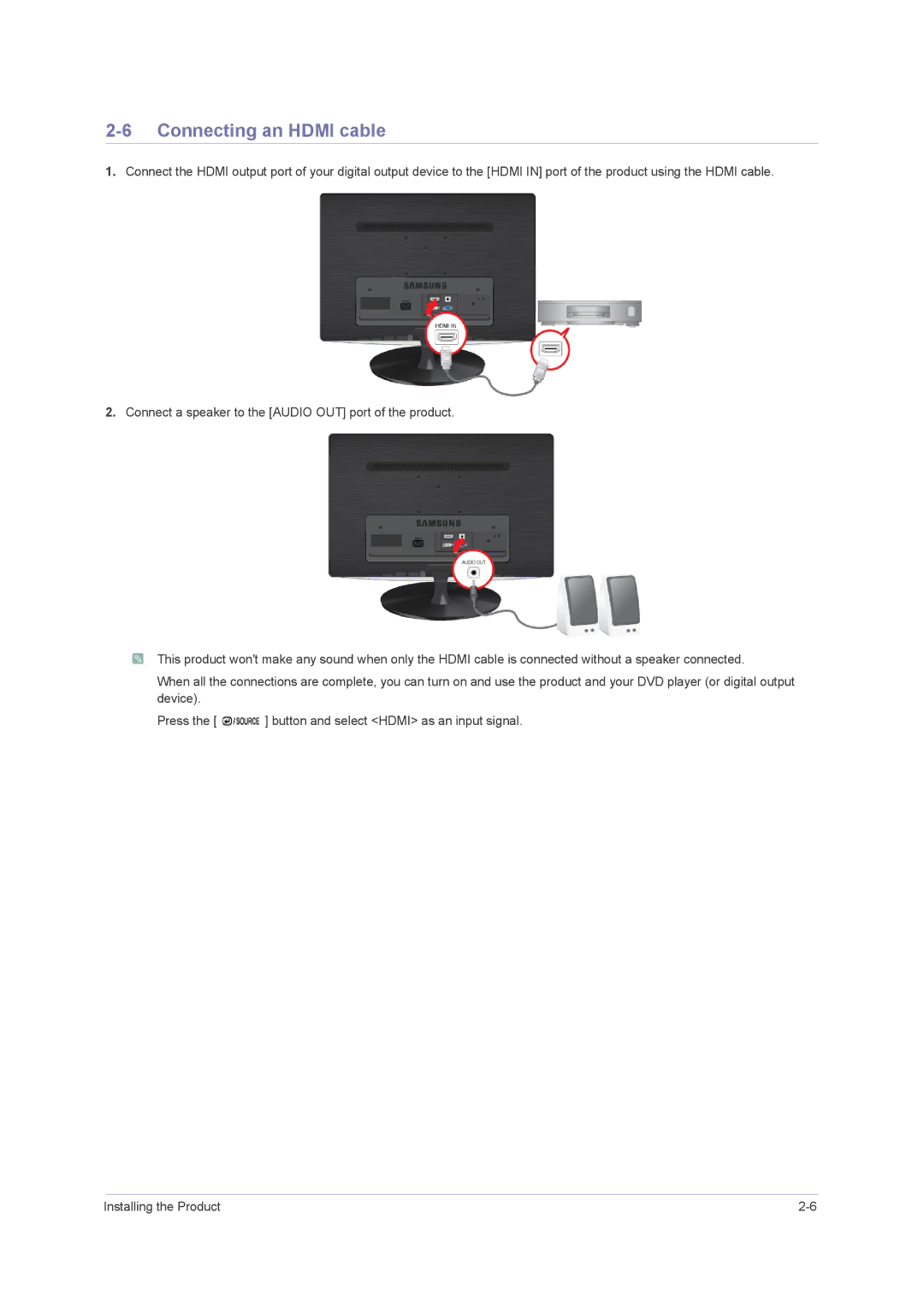 Samsung B2230H, B2430H, B2330H user manual Connecting an Hdmi cable 