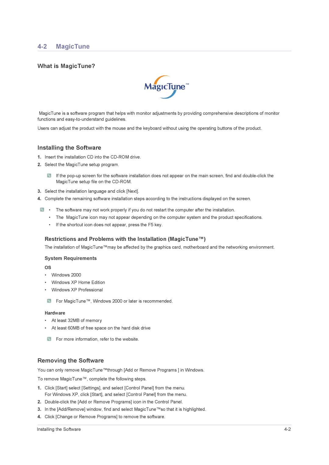 Samsung B2230H, B2430H, B2330H user manual What is MagicTune?, Installing the Software, Removing the Software 