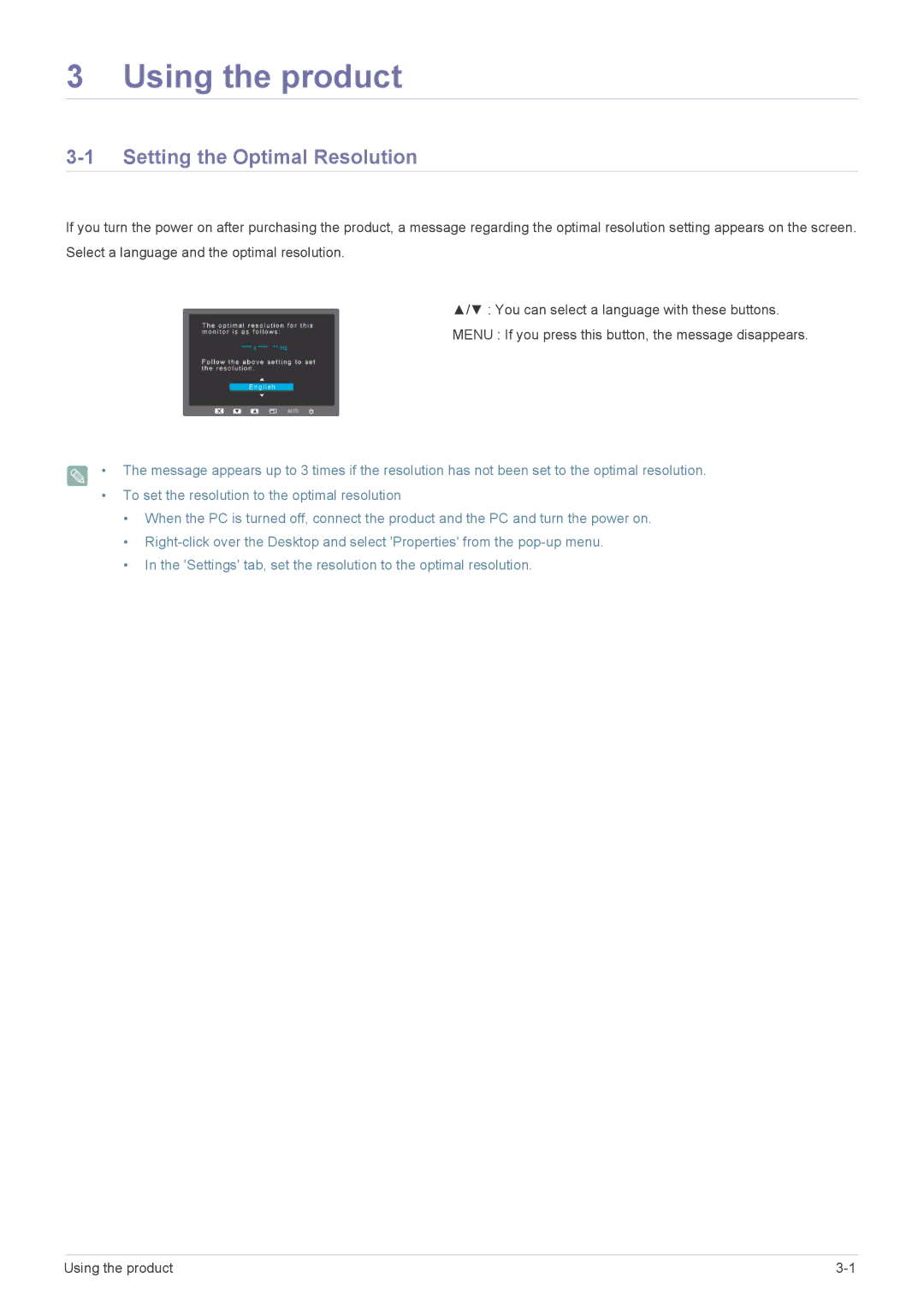 Samsung B2440, B2340, B2240, E1920, E2320, E2220, E2020, B1940, B1470, BC2240 Using the product, Setting the Optimal Resolution 