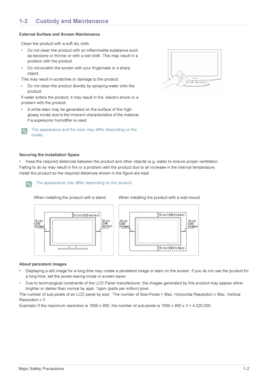 Samsung B1940, B2440, B2340, B2240, E1920, E2320, E2220, E2020 Custody and Maintenance, External Surface and Screen Maintenance 