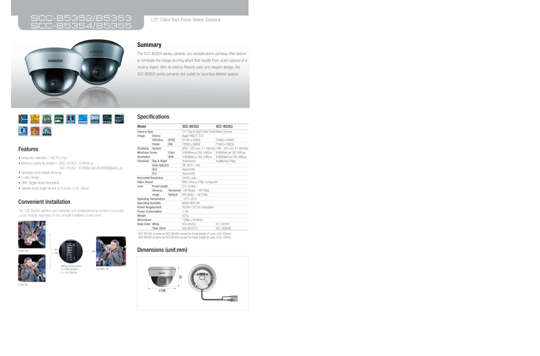 Samsung dimensions SCC-B5352/B5353 SCC-B5354/B5355, Summary 