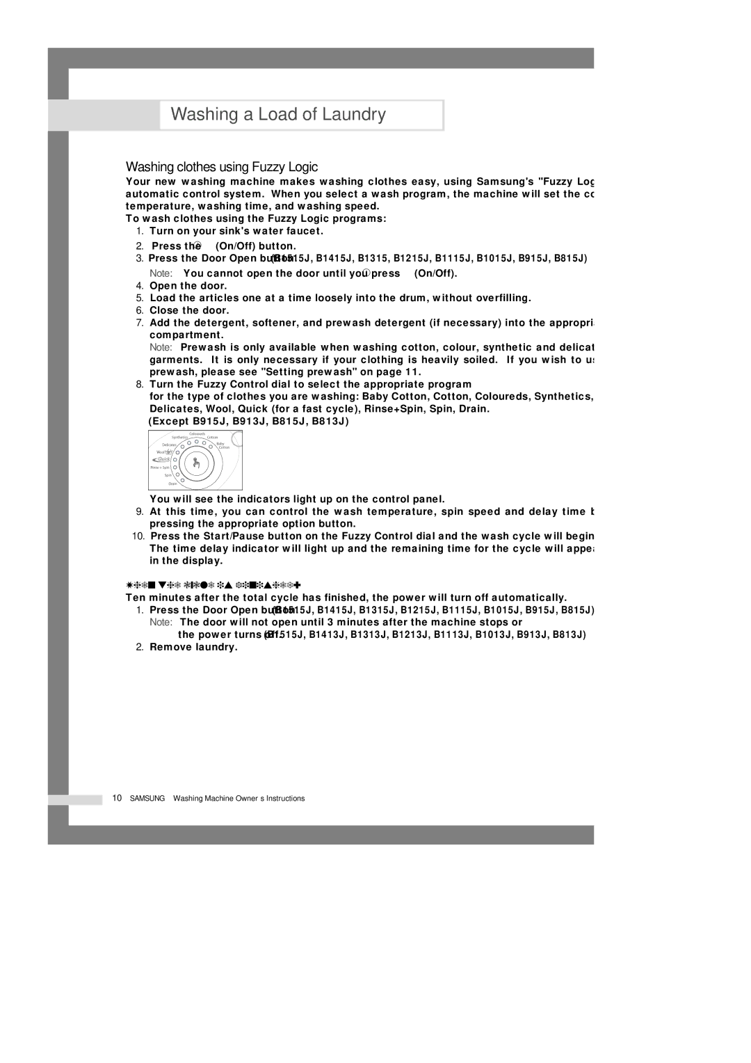 Samsung B1213J, B915J, B1413J, B815J, B1415J, B1313J, B1513J manual Washing clothes using Fuzzy Logic, When the cycle is finished 