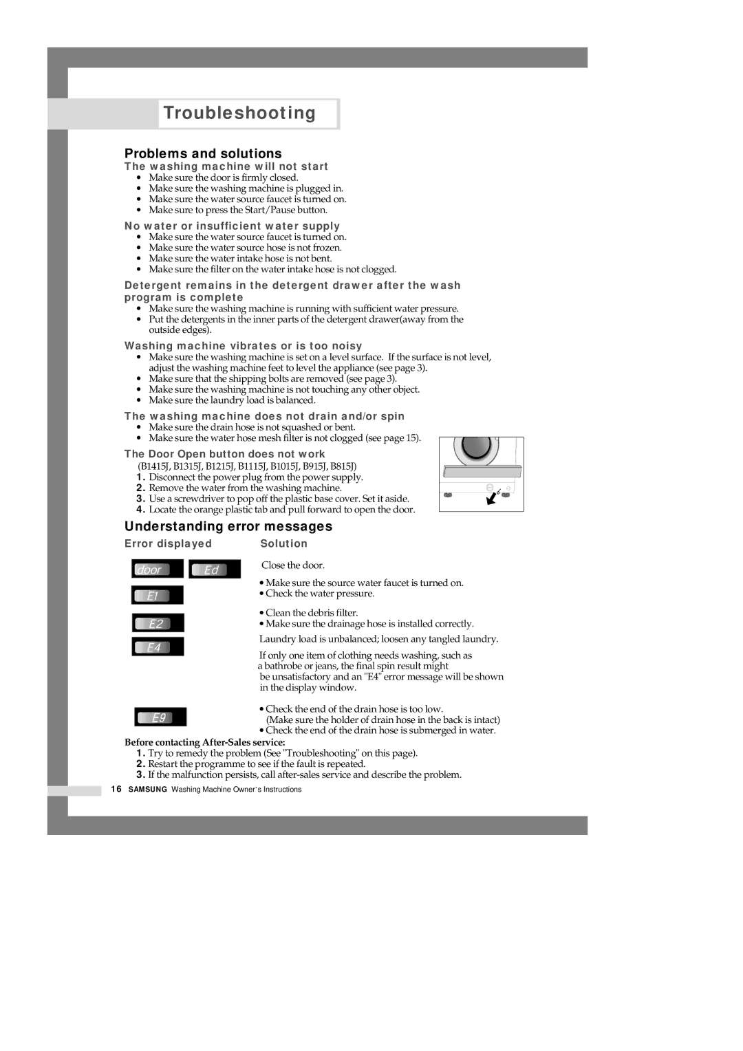 Samsung B1415J, B915J, B1413J, B815J, B1313J, B1513J Troubleshooting, Problems and solutions, Understanding error messages 