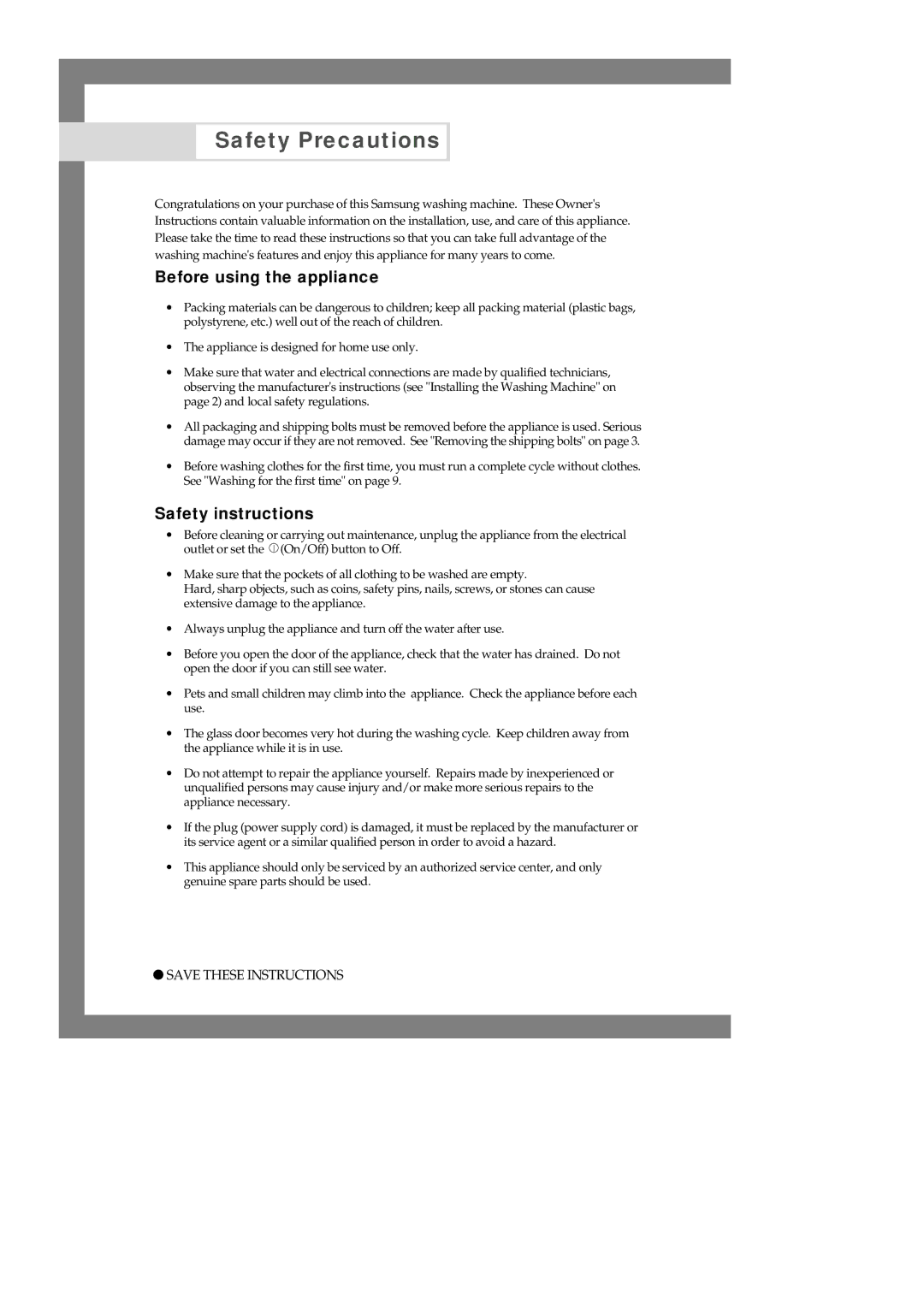 Samsung B815J, B915J, B1413J, B1415J, B1313J, B1513J, B813J Safety Precautions, Before using the appliance, Safety instructions 