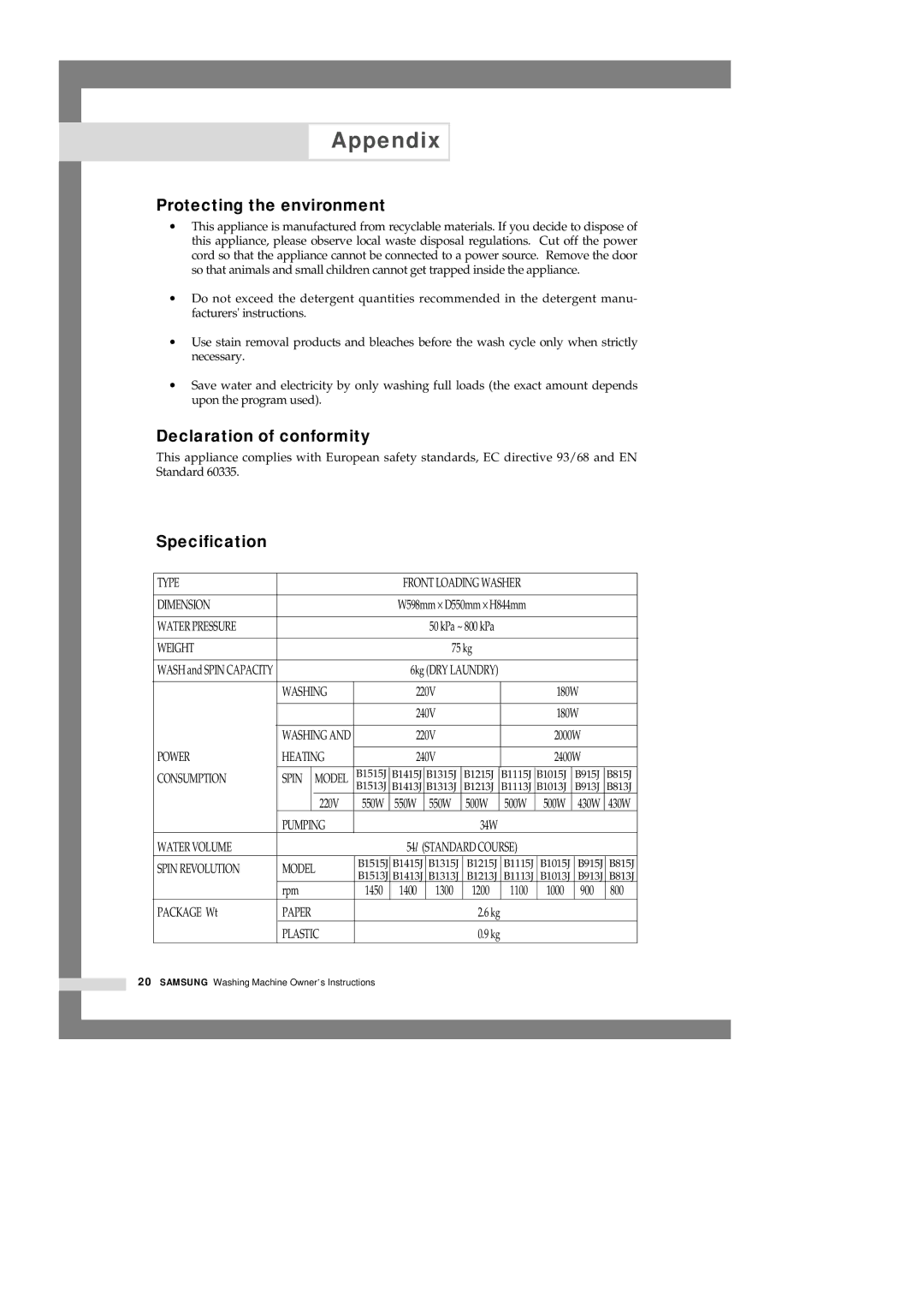 Samsung B1315J, B915J, B1413J, B815J, B1415J, B1313J manual Protecting the environment, Declaration of conformity, Specification 