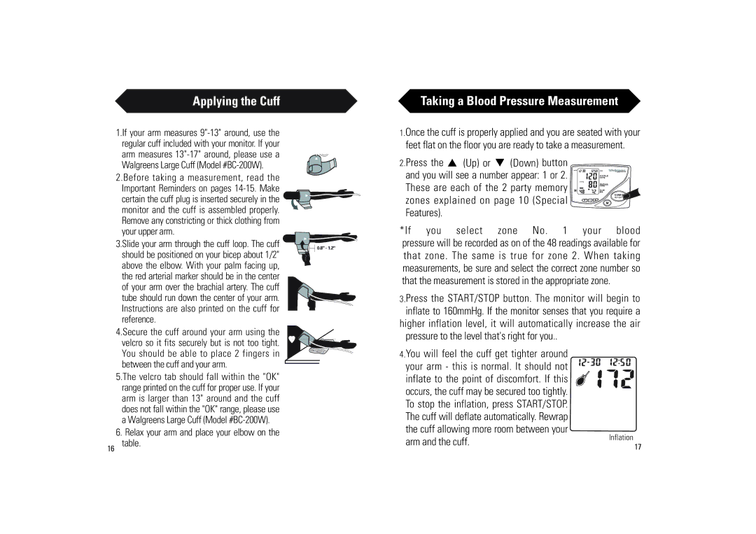 Samsung BA-716W Applying the Cuff Taking a Blood Pressure Measurement, Press Up or, Zones explained on page 10 Special 