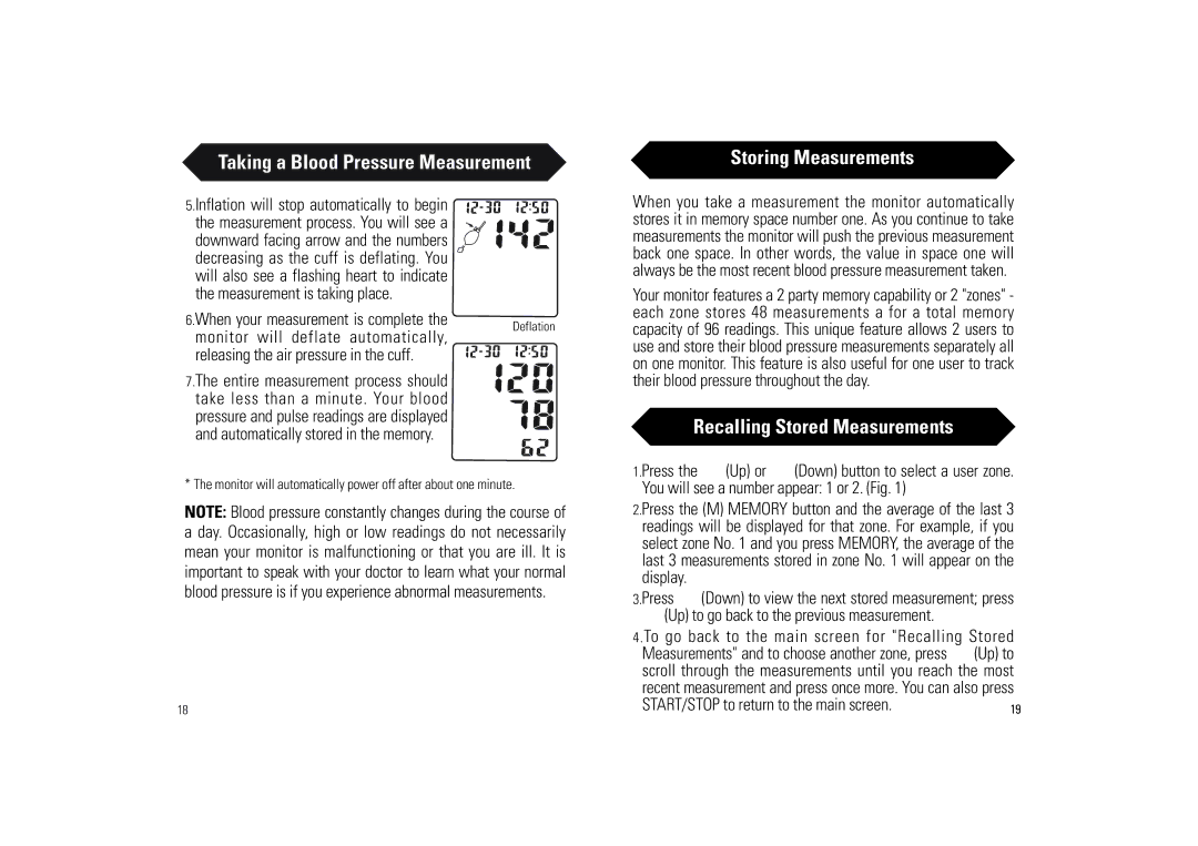 Samsung BA-716W owner manual Storing Measurements, Recalling Stored Measurements, Monitor will deflate automatically 