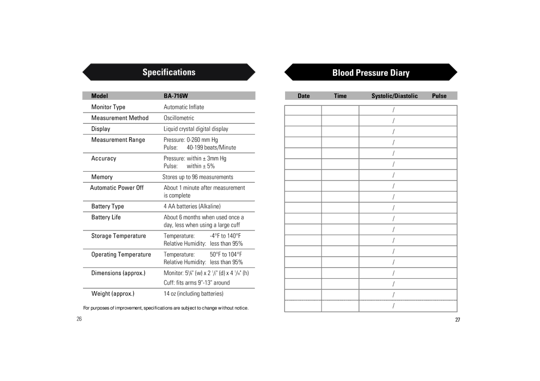 Samsung BA-716W owner manual Specifications, Blood Pressure Diary 