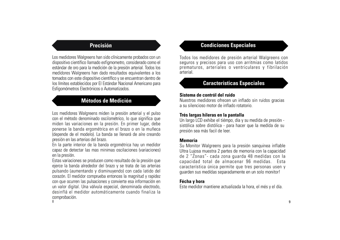 Samsung BA-716W owner manual Precisión, Métodos de Medición, Condiciones Especiales, Caracteristicas Especiales 