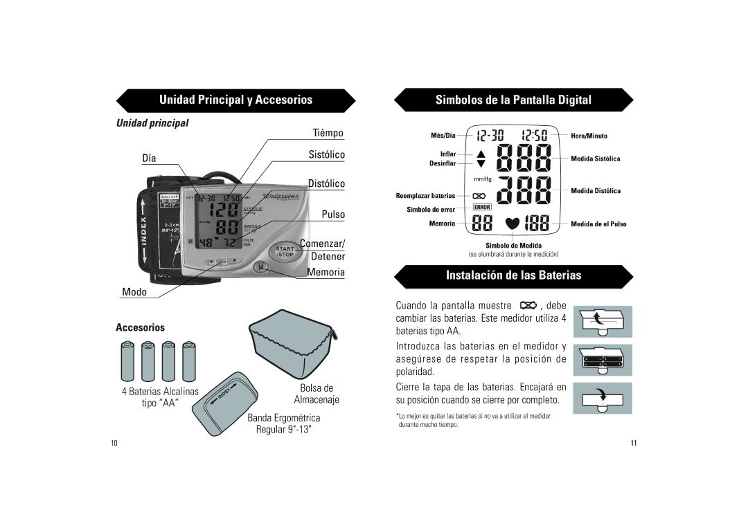 Samsung BA-716W owner manual Unidad Principal y Accesorios, Simbolos de la Pantalla Digital, Instalación de las Baterias 