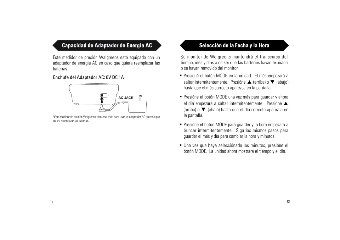 Samsung BA-716W owner manual Capacidad de Adaptador de Energia AC, Selección de la Fecha y la Hora, Arriba o, Abajo 